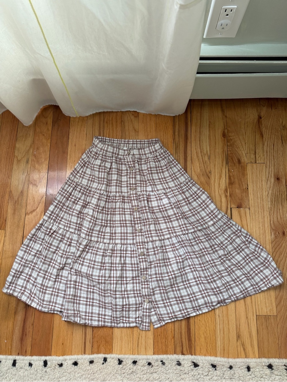 Rylee + Cru Brown and White Plaid Button-Front Midi Skirt